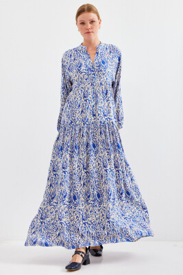 Kadın Desenli Saks Viskon Tesettür Elbise 2423 - BİGDART