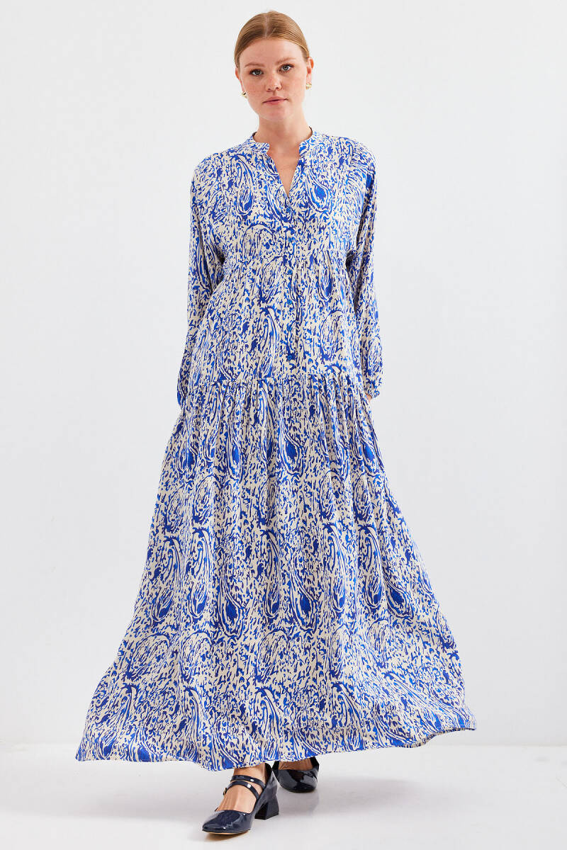 Kadın Desenli Saks Viskon Tesettür Elbise 2423 - BİGDART