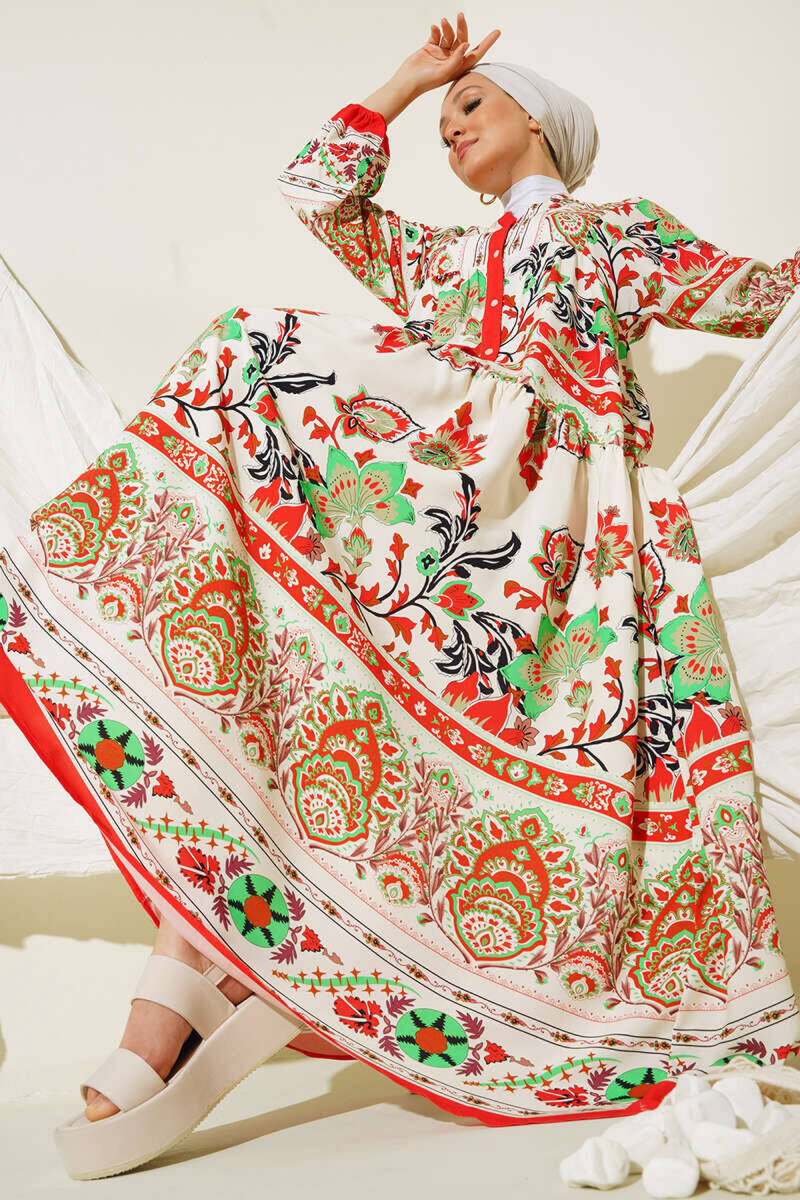 2423 Otantik Desenli Tesettür Elbise - Kırmızı - BİGDART