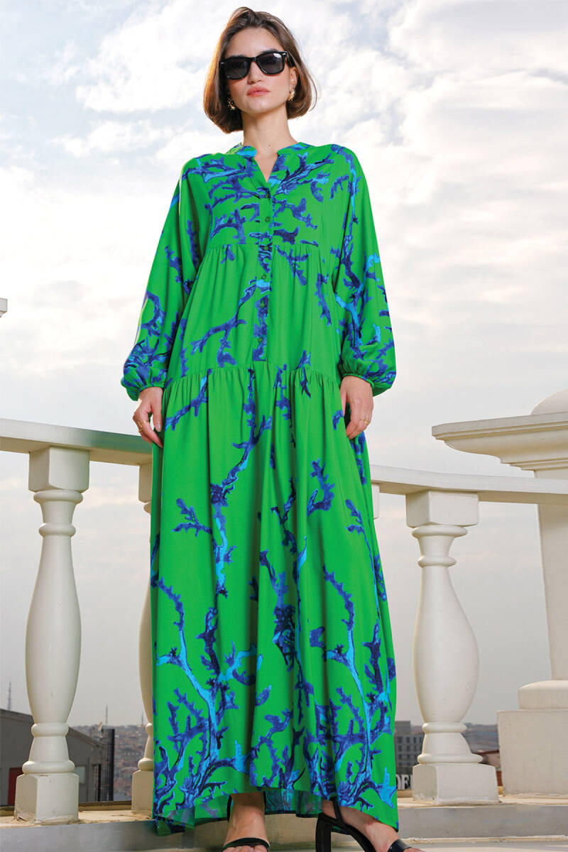 2423 Otantik Desenli Tesettür Elbise - Koyu Yeşil - BİGDART