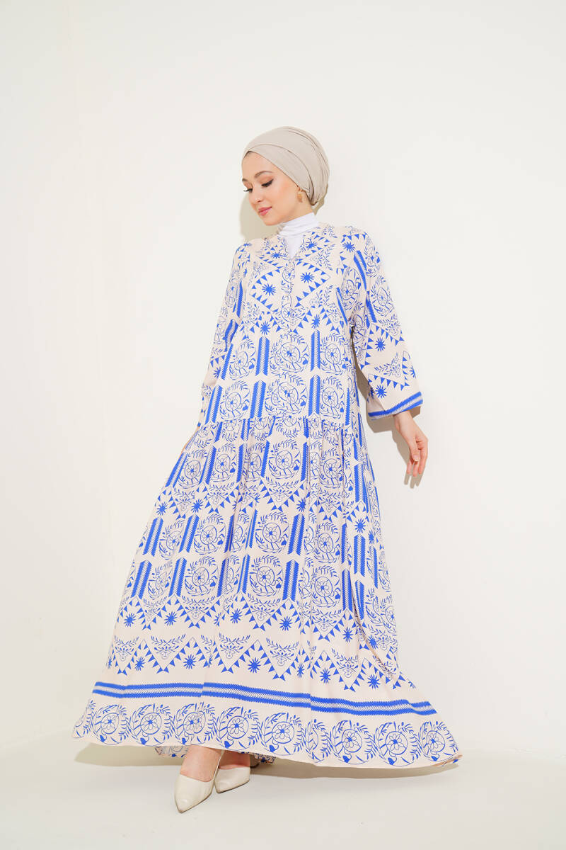 2423 Otantik Desenli Tesettür Elbise - Krem - BİGDART
