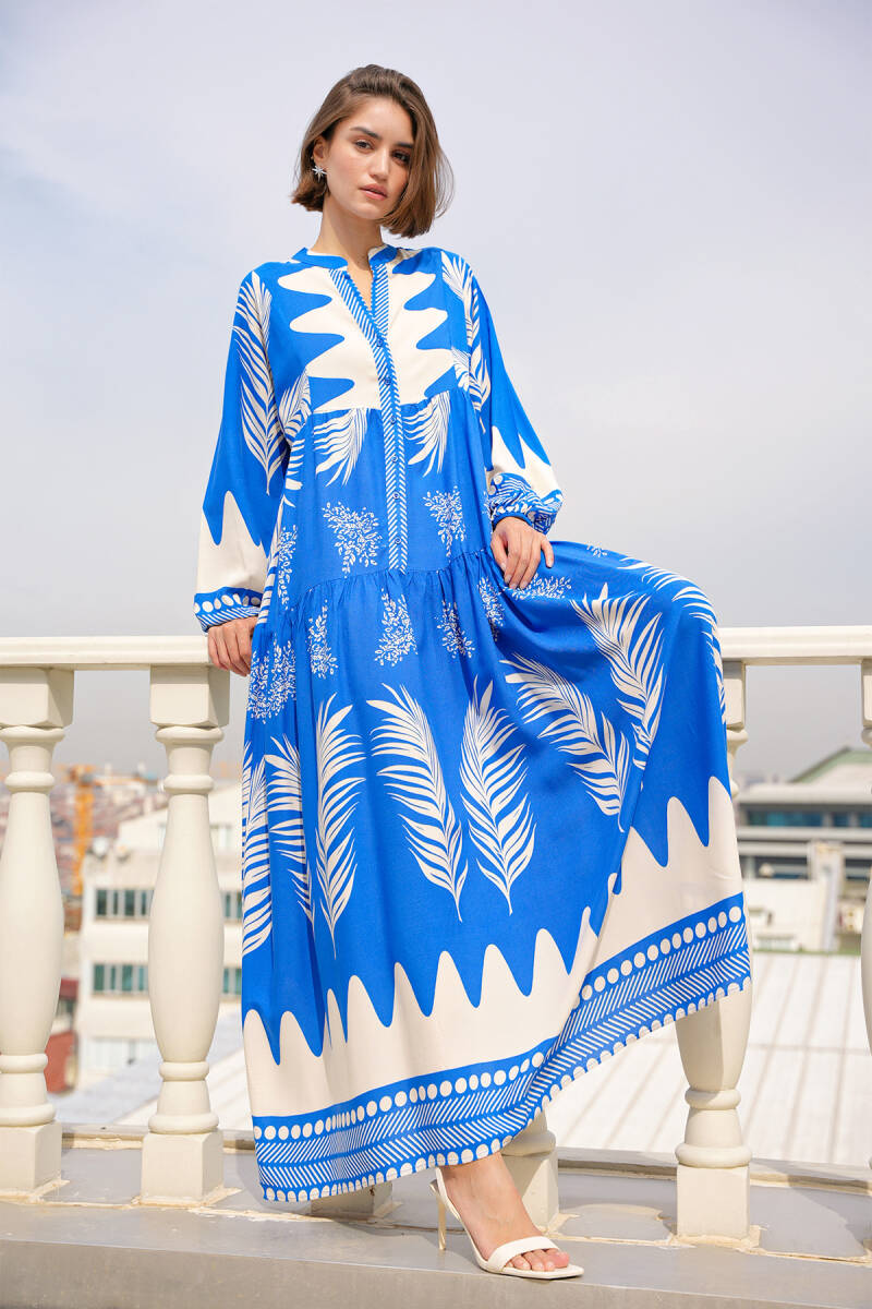 2423 Otantik Desenli Tesettür Elbise - M. Saks - BİGDART