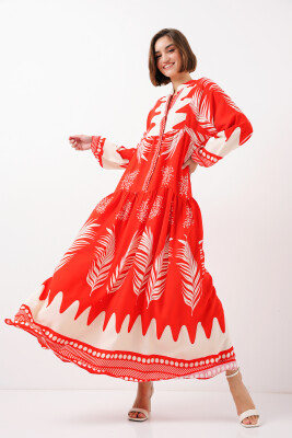 2423 Otantik Desenli Tesettür Elbise - M. Kırmızı 