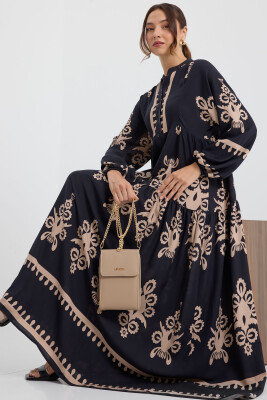 2423 Otantik Desenli Tesettür Elbise - N. Siyah 