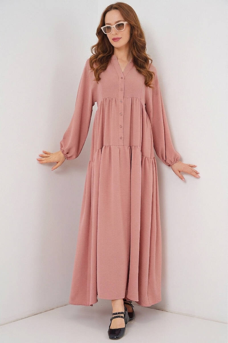 2423 Otantik Desenli Elbise - Pembe - BİGDART