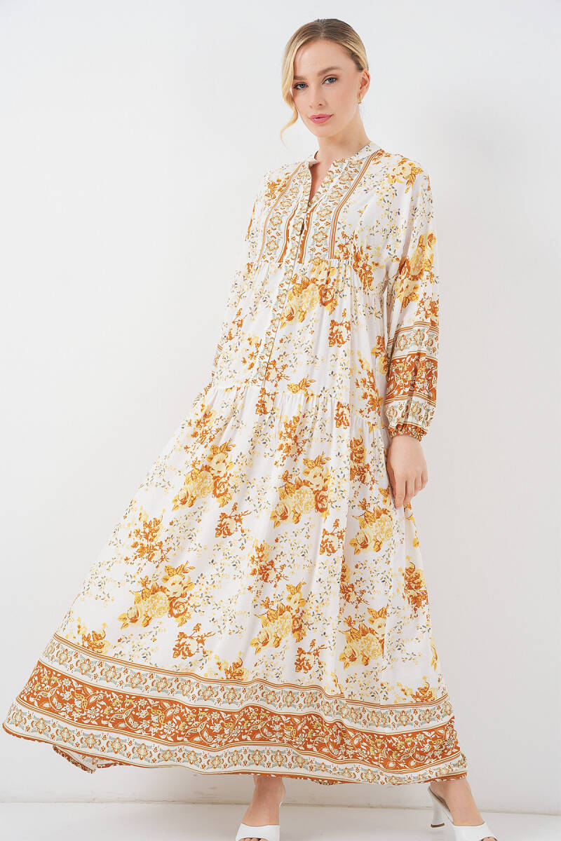 2423 Otantik Desenli Hardal Elbise - BİGDART