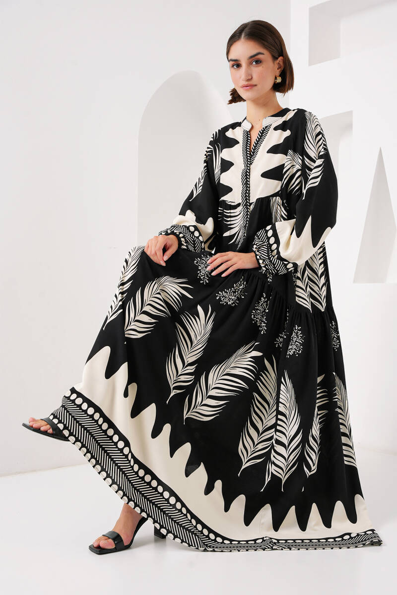 2423 Otantik Desenli Tesettür Elbise - Siyah1 - BİGDART