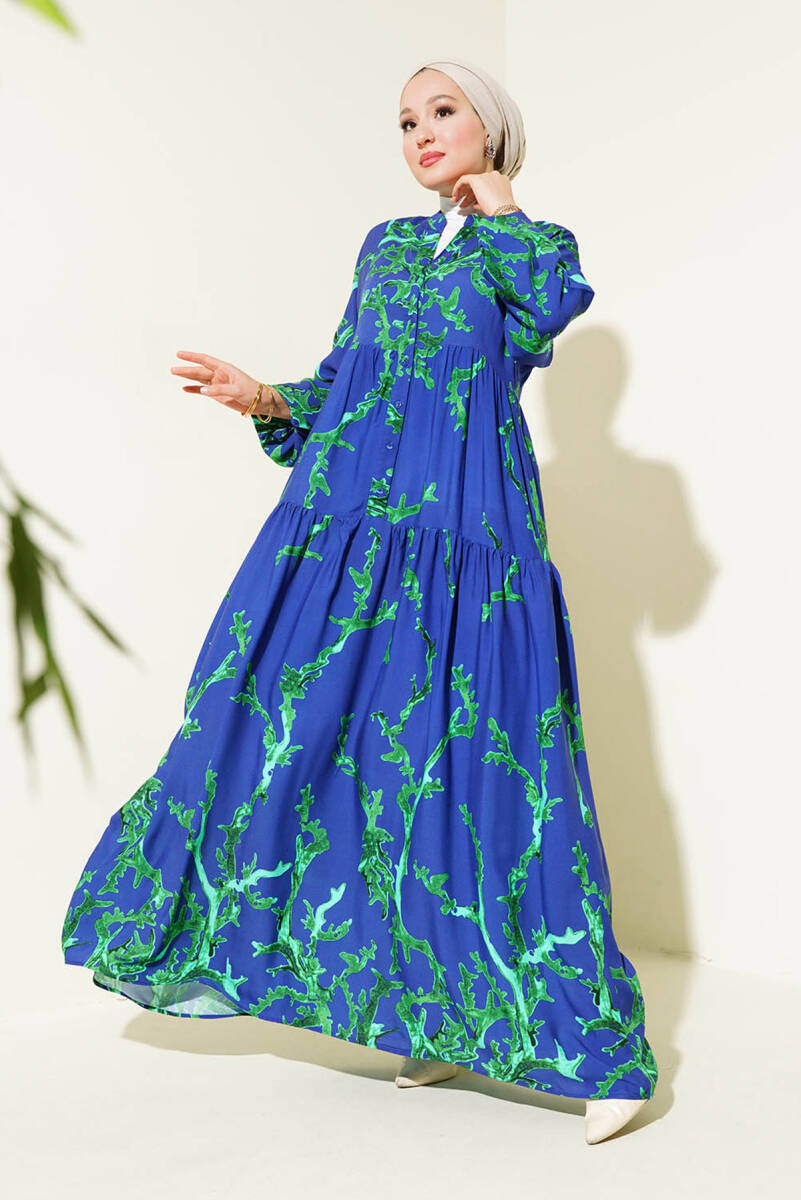 2423 Otantik Desenli Tesettür Elbise - T. Lacivert - BİGDART
