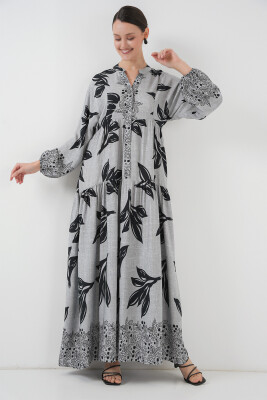 2423 Otantik Desenli Tesettür Elbise - Taş 