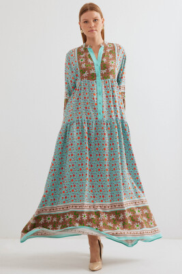 Kadın Turkuaz Kahverengi Viskon Tesettür Elbise 2423 - BİGDART