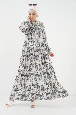 2423 Otantik Desenli Tesettür Elbise - V. Antrasit 