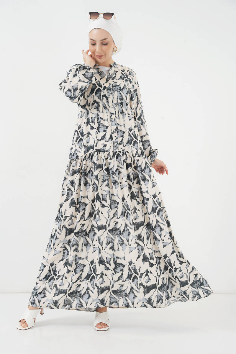 2423 Otantik Desenli Tesettür Elbise - V. Antrasit - BİGDART