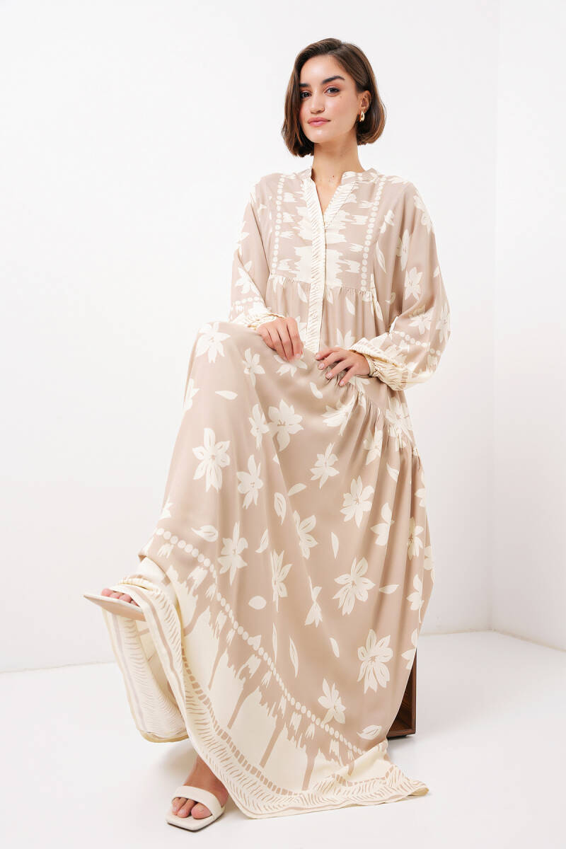 2423 Otantik Desenli Tesettür Elbise - Vizon - BİGDART