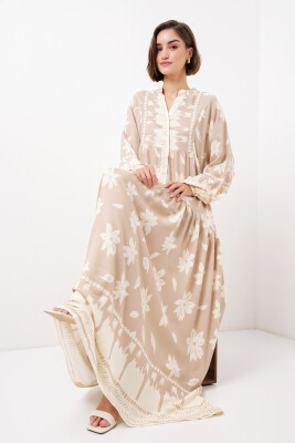 2423 Otantik Desenli Tesettür Elbise - Vizon 