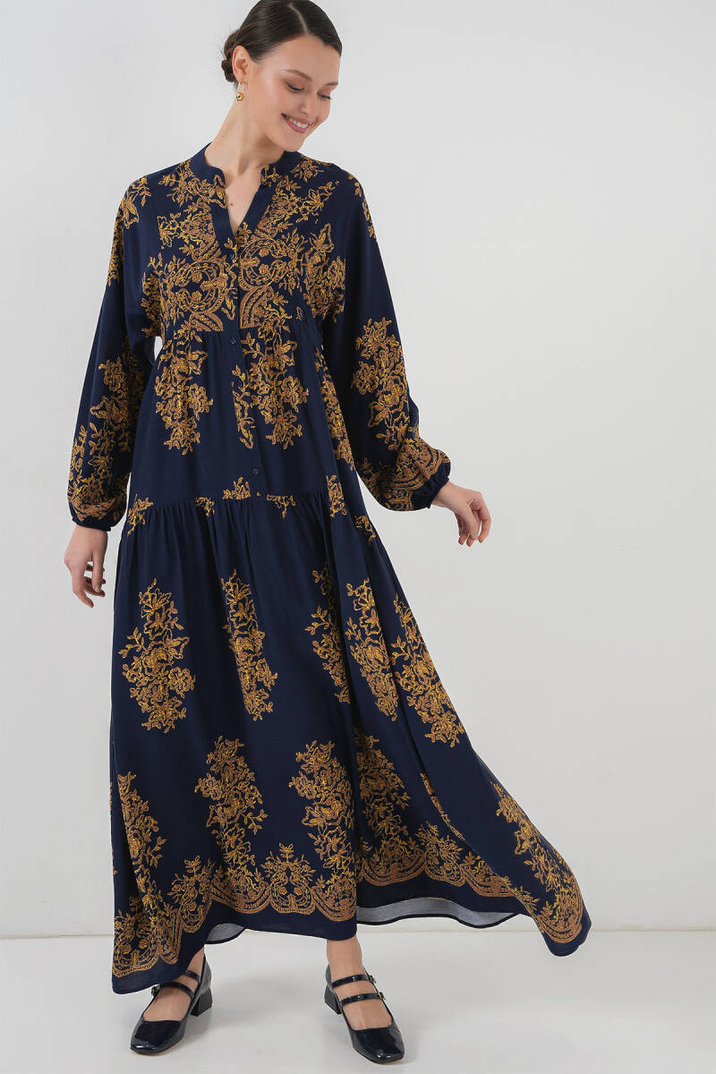 Lacivert Gold Desenli Tesettür Elbise 2423 - BİGDART