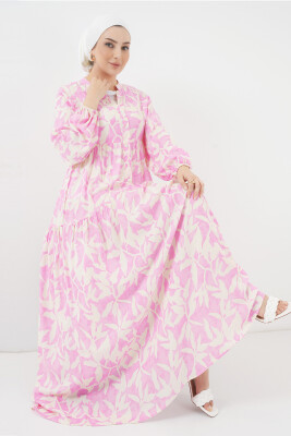 2423 Otantik Desenli Tesettür Elbise - Y.Pembe 