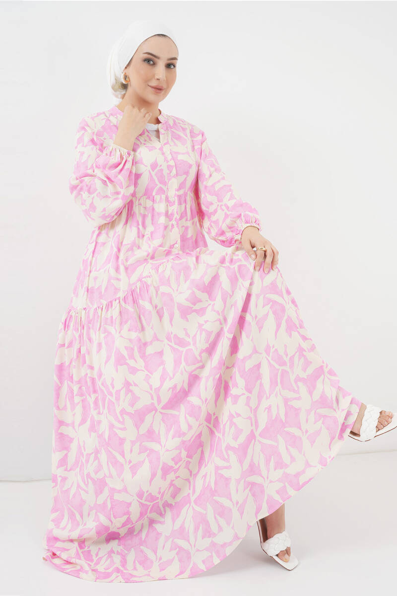 2423 Otantik Desenli Tesettür Elbise - Y.Pembe - BİGDART