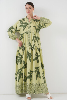 2423 Otantik Desenli Tesettür Elbise - Yeşil 4 