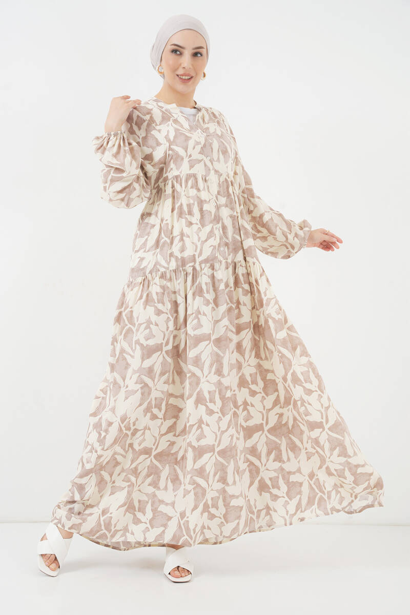 2423 Otantik Desenli Tesettür Elbise - Z.Bej - BİGDART