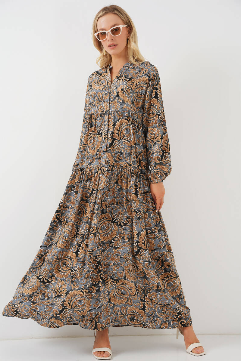 2423 Otantik Desenli Tesettür Elbise - A.Gri - BİGDART