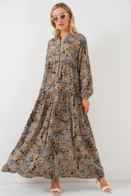 2423 Otantik Desenli Tesettür Elbise - A.Gri 