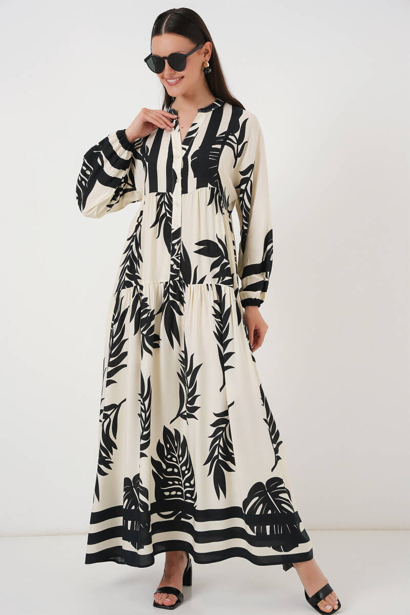 2423 Otantik Desenli Tesettür Elbise - A.Beyaz - BİGDART