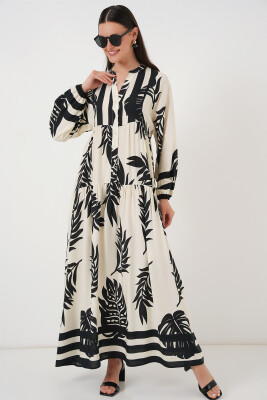 2423 Otantik Desenli Tesettür Elbise - A.Beyaz 