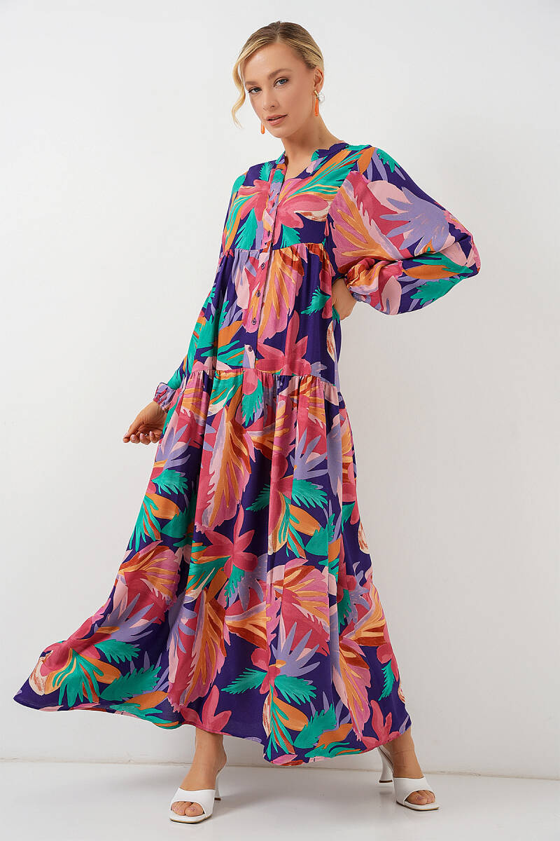 2423 Otantik Desenli Tesettür Elbise - A.Pudra - BİGDART