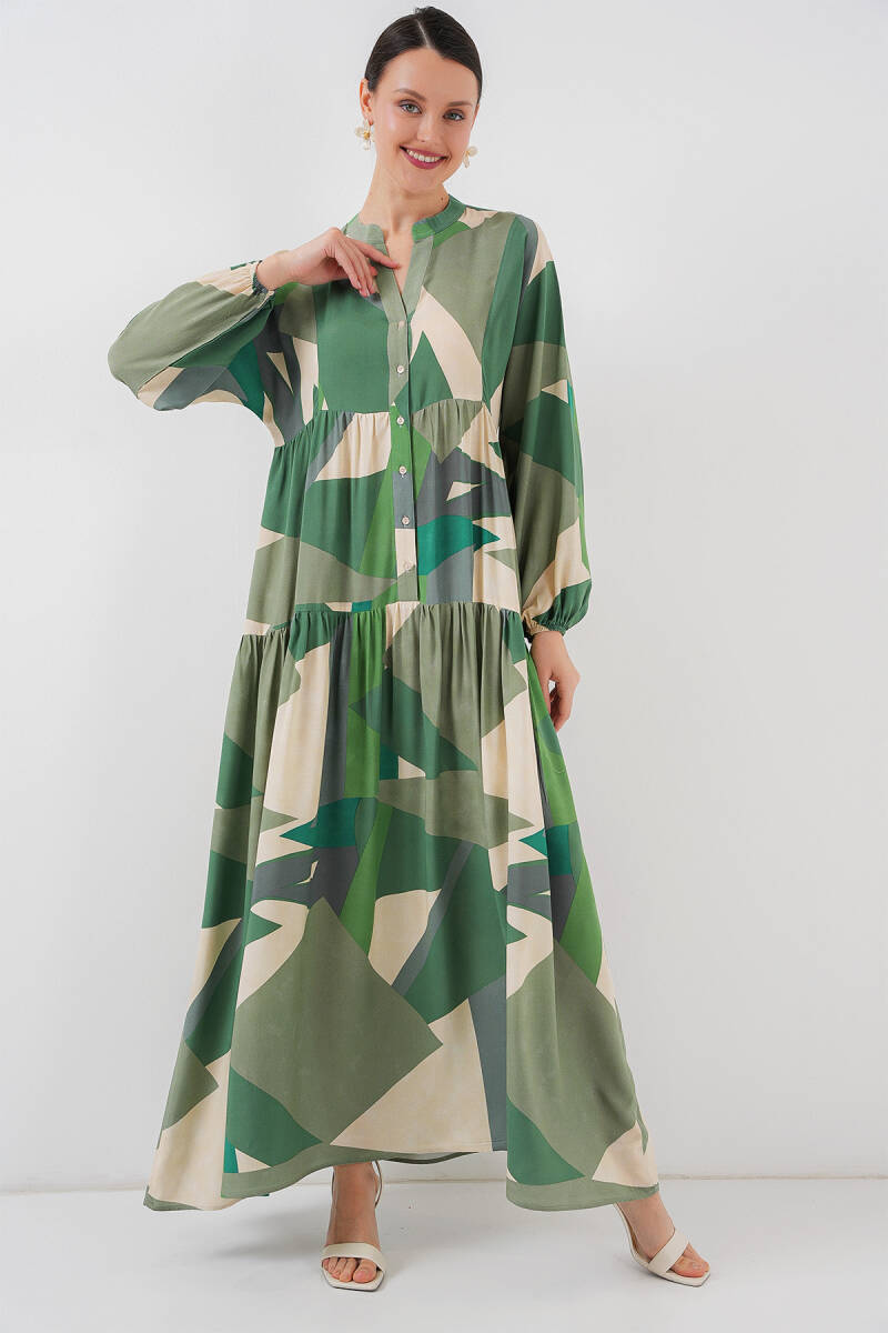 2423 Otantik Desenli Tesettür Elbise - A.Haki - BİGDART