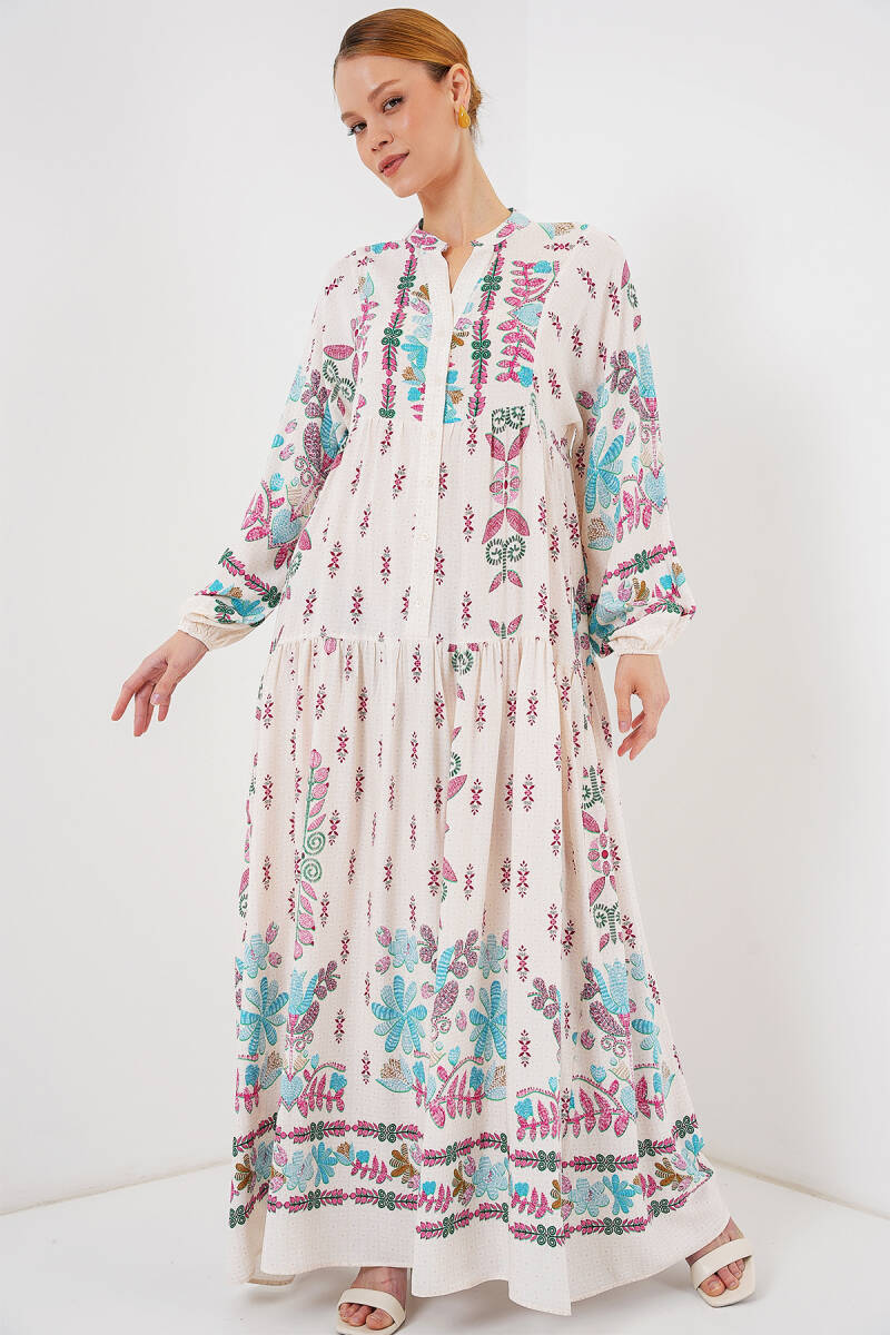 2423 Otantik Desenli Tesettür Elbise - B.Pembe - BİGDART
