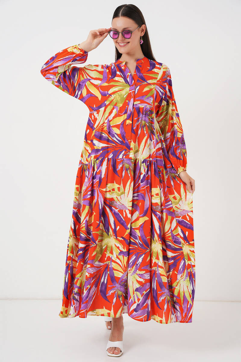 2423 Otantik Desenli Tesettür Elbise - B.Lila - BİGDART