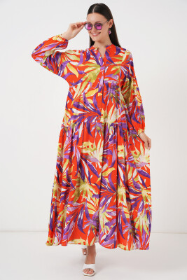 2423 Otantik Desenli Tesettür Elbise - B.Lila 