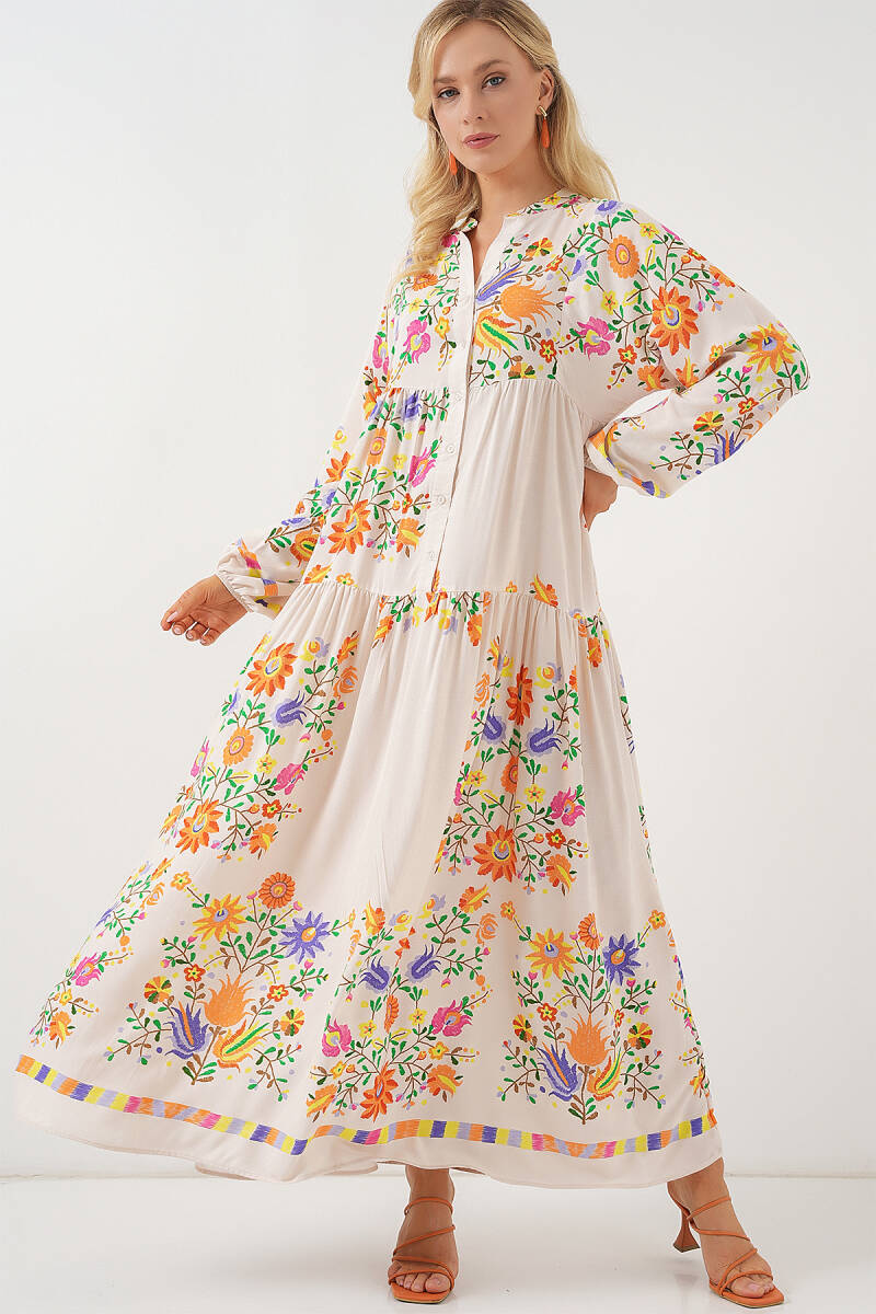 2423 Otantik Desenli Tesettür Elbise - B. Turuncu - BİGDART