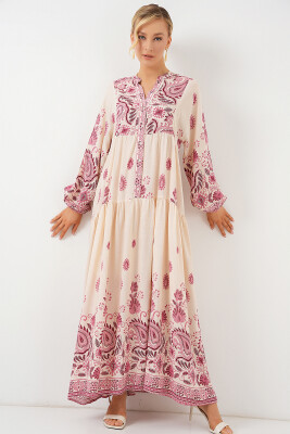 2423 Otantik Desenli Tesettür Elbise - Bordo 1 - 2