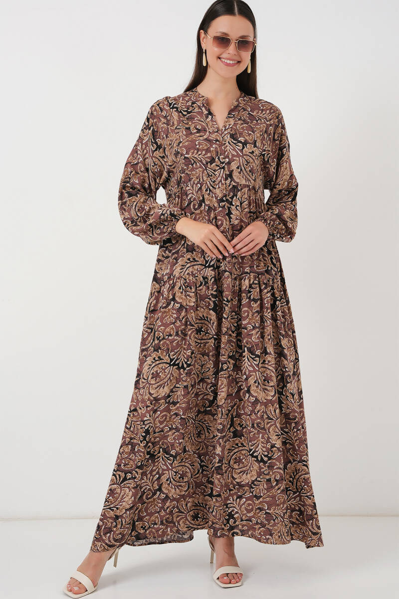 2423 Otantik Desenli Tesettür Elbise - C. Gül Kurusu - BİGDART