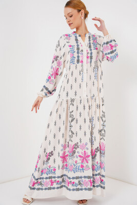 2423 Otantik Desenli Tesettür Elbise - C. Pembe 