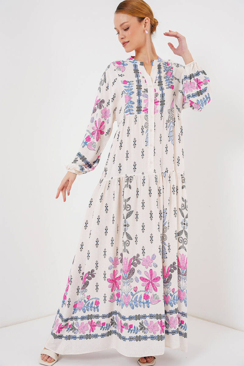 2423 Otantik Desenli Tesettür Elbise - C. Pembe - BİGDART