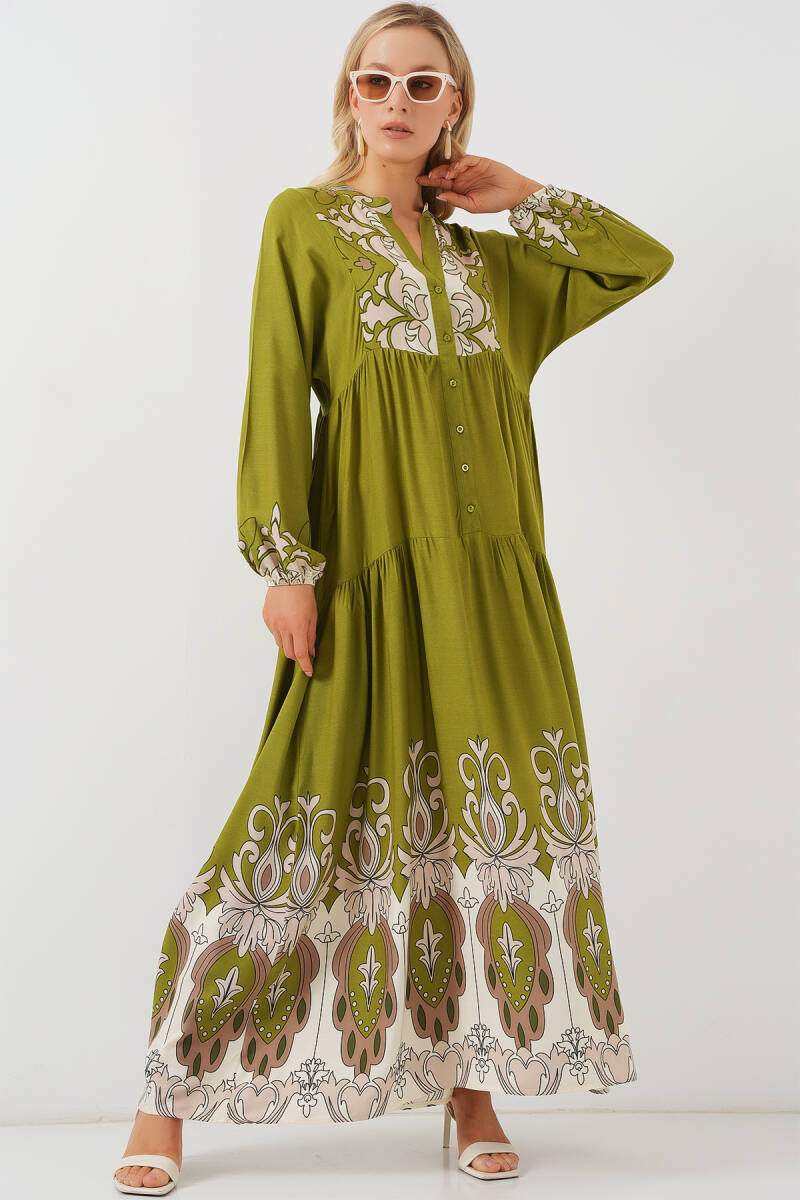 2423 Otantik Desenli Tesettür Elbise - Çağla Yeşili - BİGDART