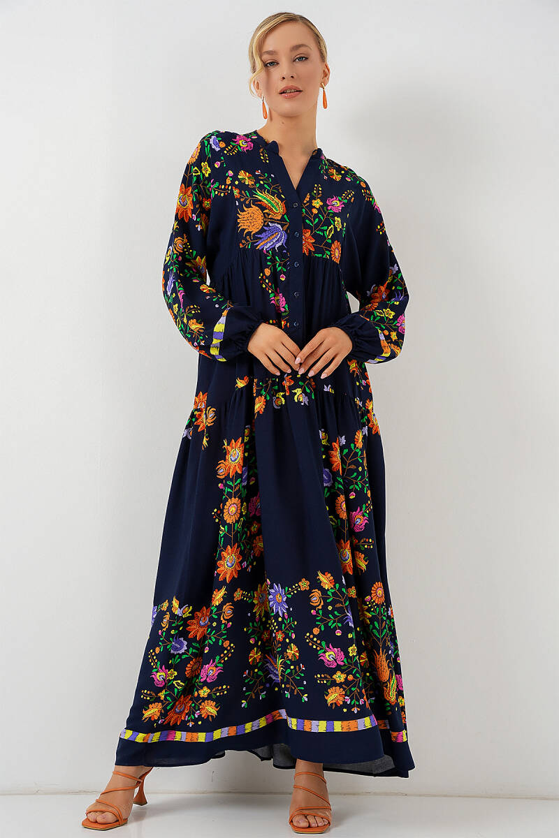 2423 Otantik Desenli Tesettür Elbise - Düz Lacivert - BİGDART