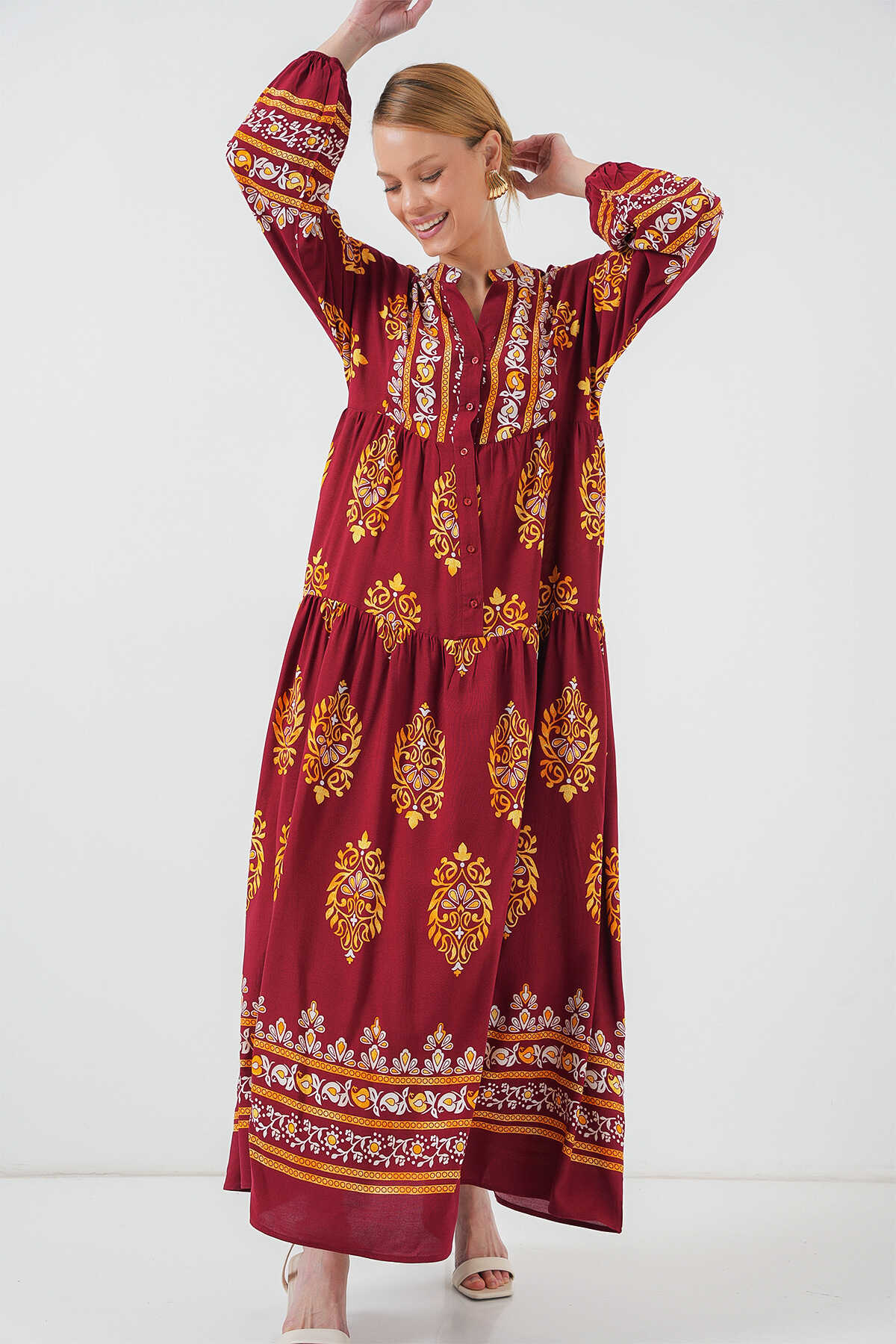2423 Otantik Desenli Tesettür Elbise - E. Bordo - 1