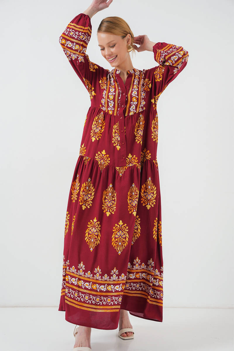 2423 Otantik Desenli Tesettür Elbise - E. Bordo - BİGDART