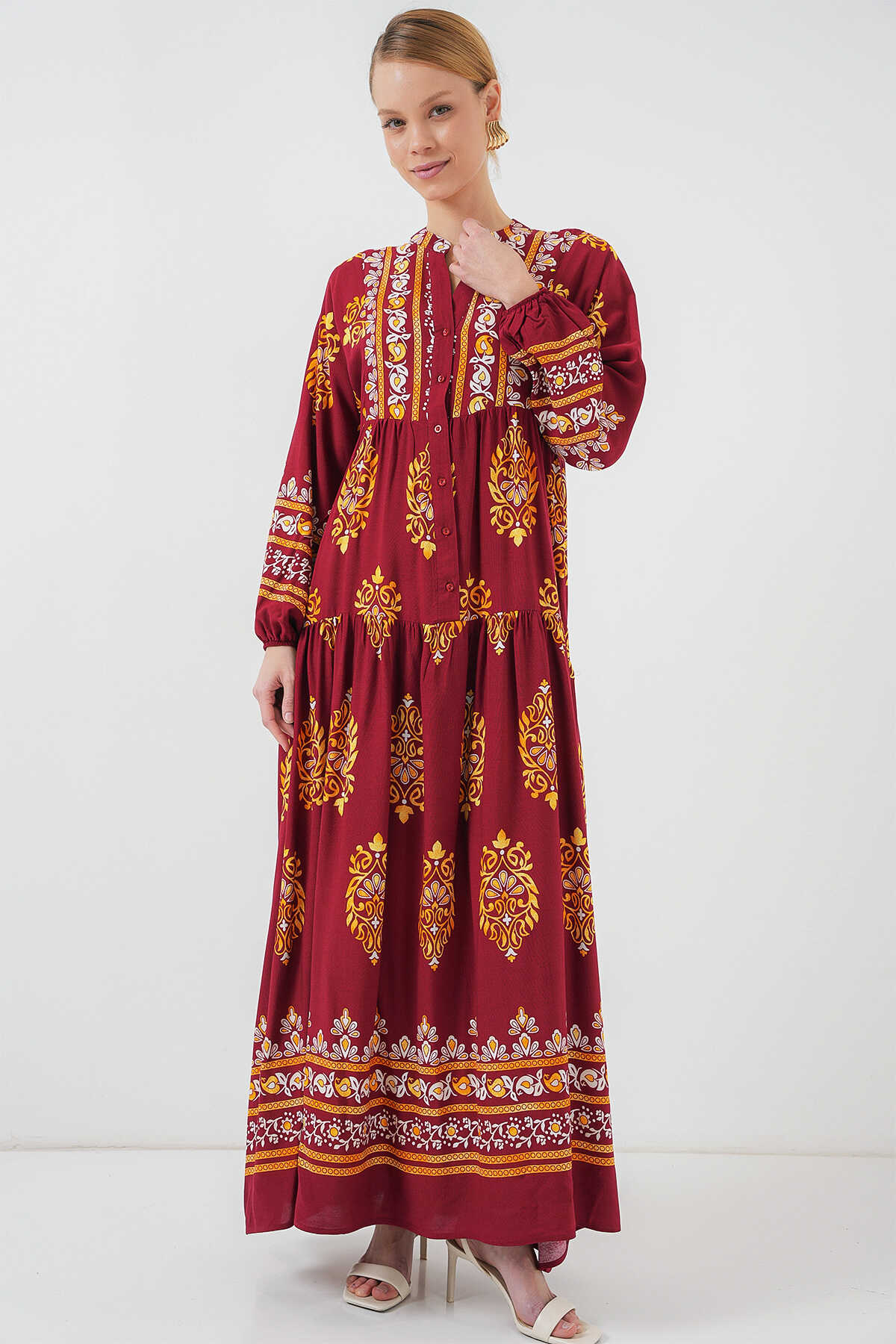 2423 Otantik Desenli Tesettür Elbise - E. Bordo - 4