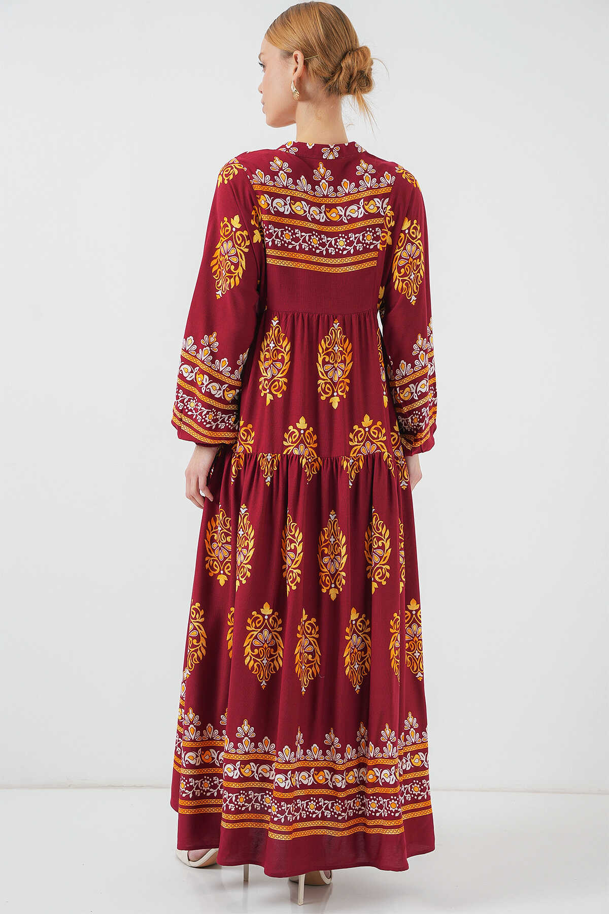 2423 Otantik Desenli Tesettür Elbise - E. Bordo - 6