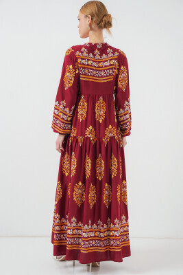 2423 Otantik Desenli Tesettür Elbise - E. Bordo - 6