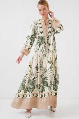 2423 Otantik Desenli Tesettür Elbise - E.Haki 