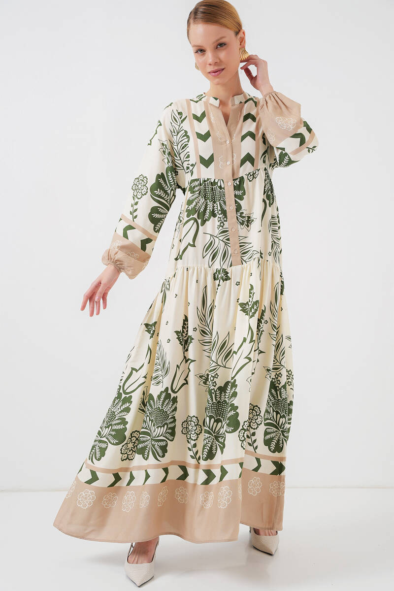 2423 Otantik Desenli Tesettür Elbise - E.Haki - BİGDART