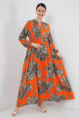 2423 Otantik Desenli Tesettür Elbise - E. Turuncu 