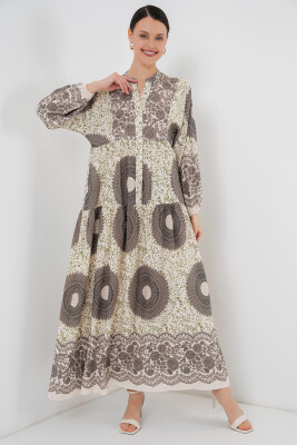 2423 Otantik Desenli Tesettür Elbise - F.KAHVE 