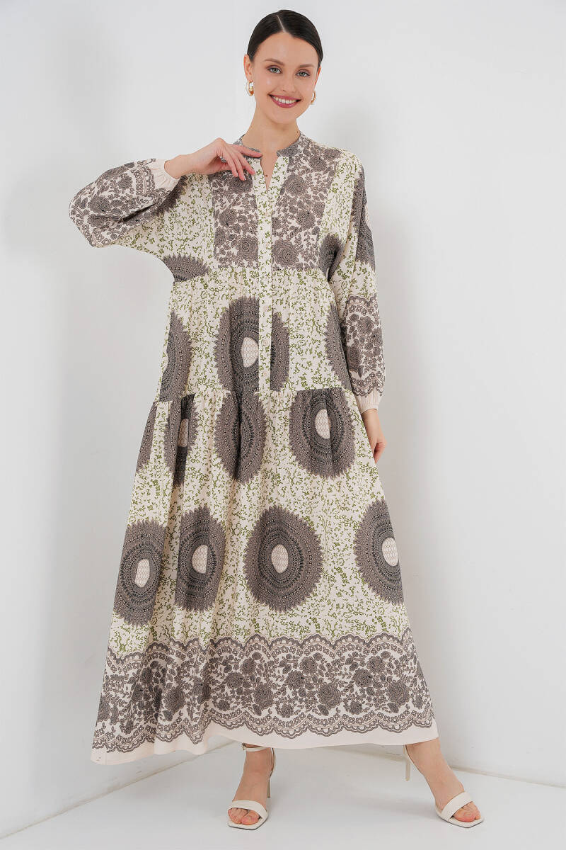 2423 Otantik Desenli Tesettür Elbise - F.KAHVE - BİGDART