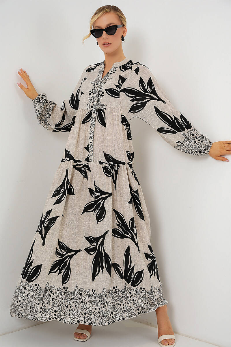 2423 Otantik Desenli Tesettür Elbise - F.Gri - BİGDART